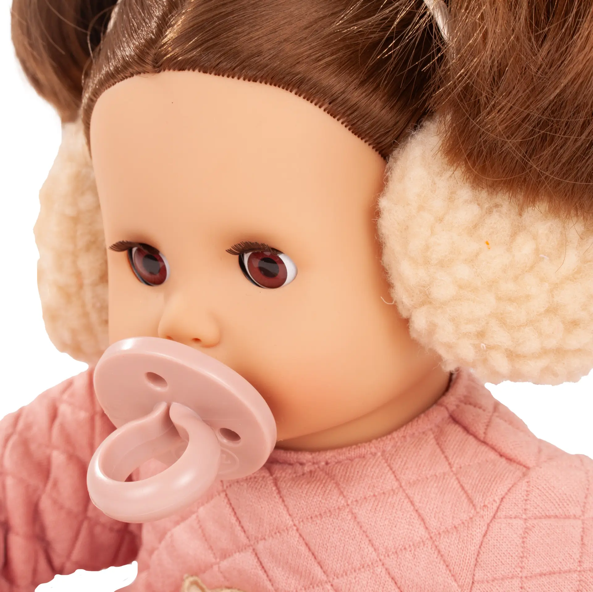 Portrait von Babypuppe Gr. 33 cm mit braunen Schlafaugen und braunem Haar, dazu Plueschohrenwaermer und Schnuller von Goetz