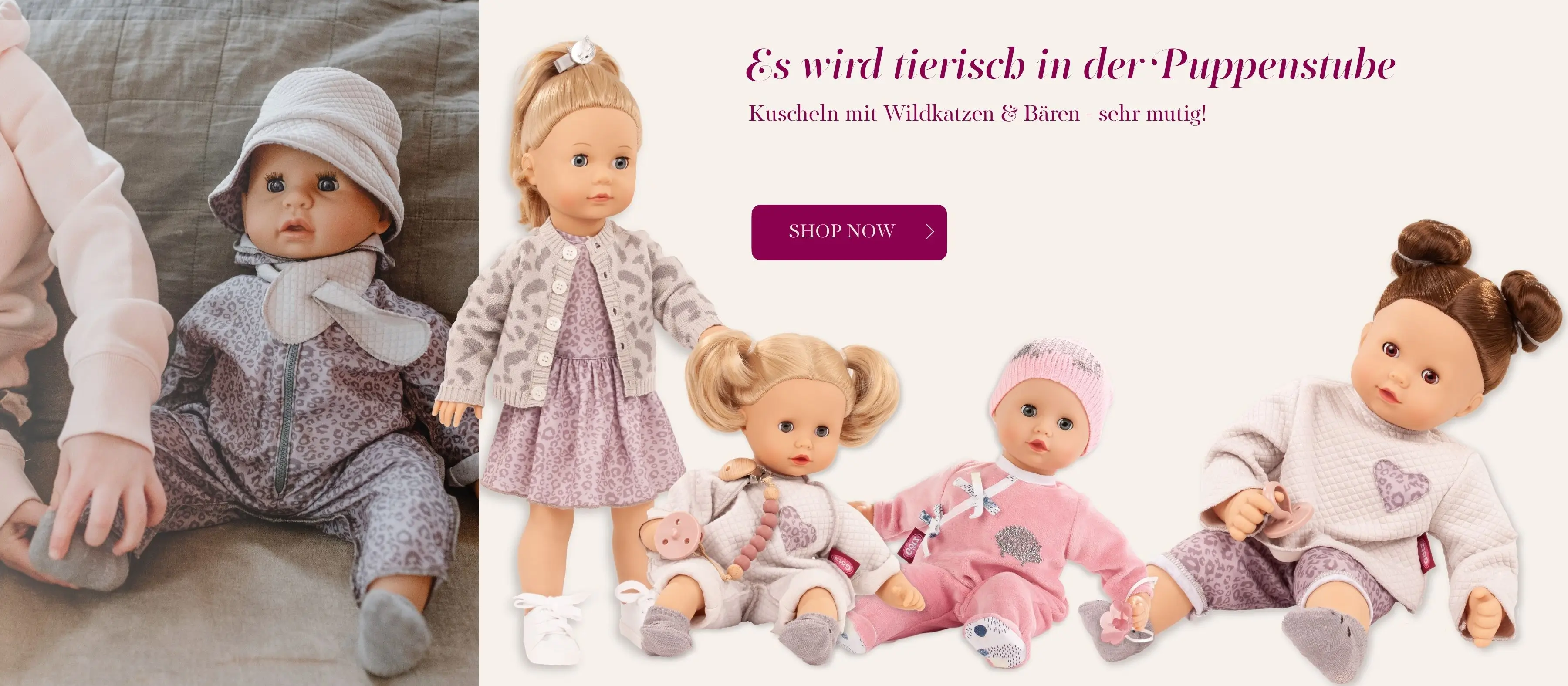 Steh- und Babypuppen mit tierischen Motiven von Goetz