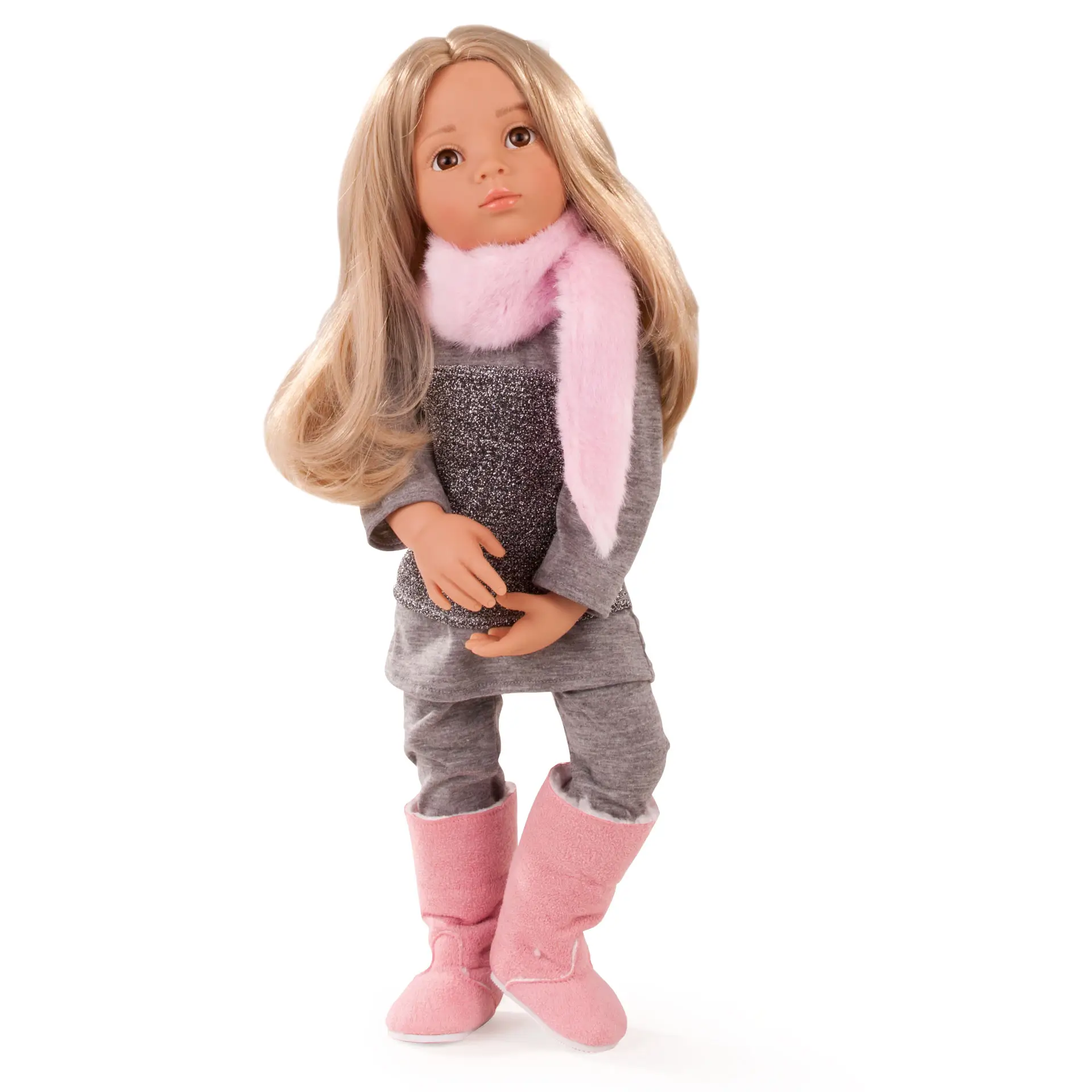1466023 Happy Kidz Emily Multigelenkstehpuppe Goetz happy-kidz-emily-multigelenkstehpuppe-stehpuppe-blond-braune-augen-winteroutfit-glitzer-winterstiefel-plueschschal-goetz