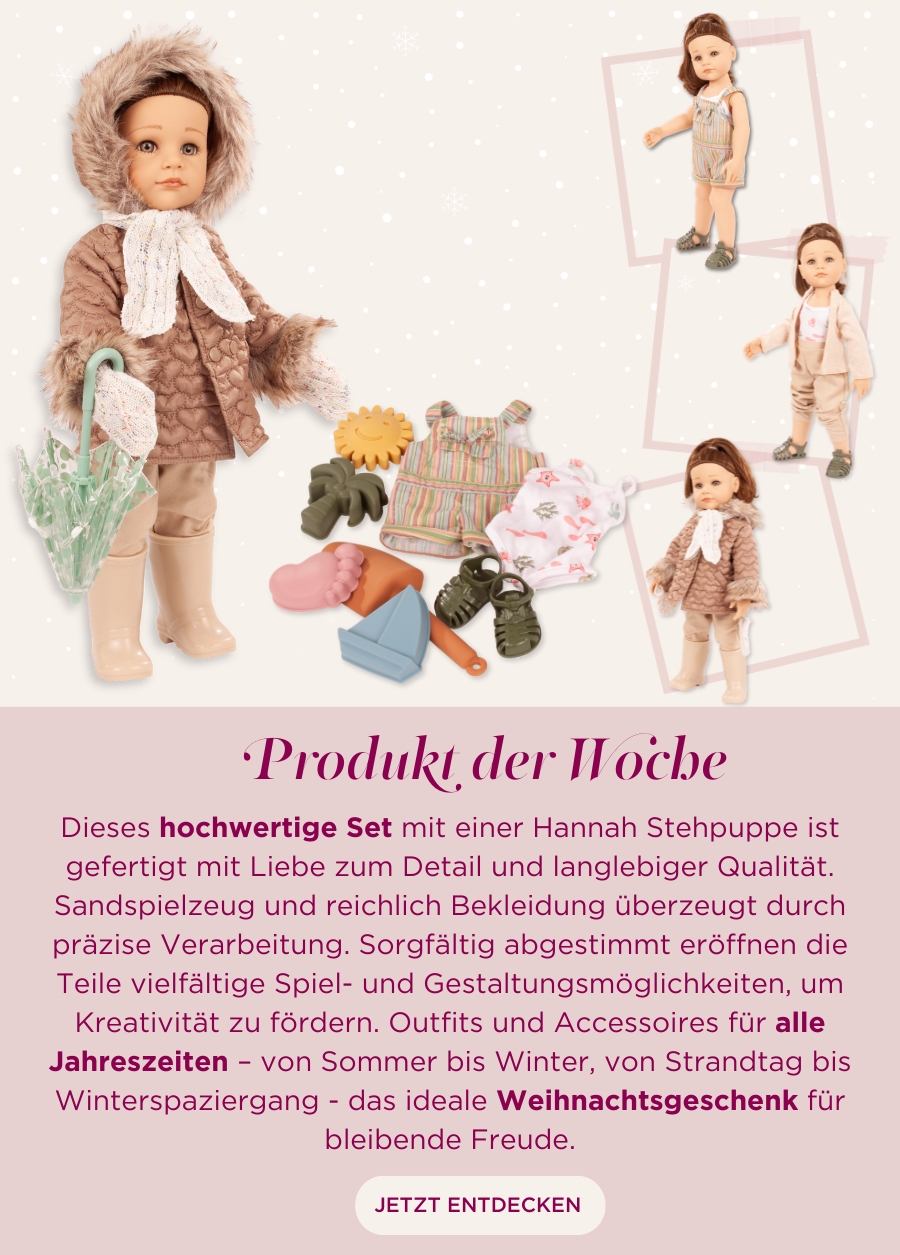 Stehpuppe Gr. 45-50 cm mit grossem Zubehoerset. Winteroutfit mit Schal, Handschuhen und Regenschirm und Sommerset mit Badeanzug, kurzer Latzhose, Strandspielzeug und Sandalen von Goetz