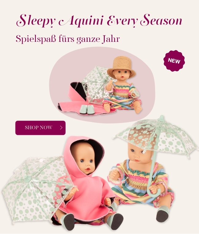 Badepuppe Gr. 30 cm mit blauen Schlafaugen, ohne Haare mit Regenschirm, Regencape, Sommeranzug, Boots und Strohhut von Goetz