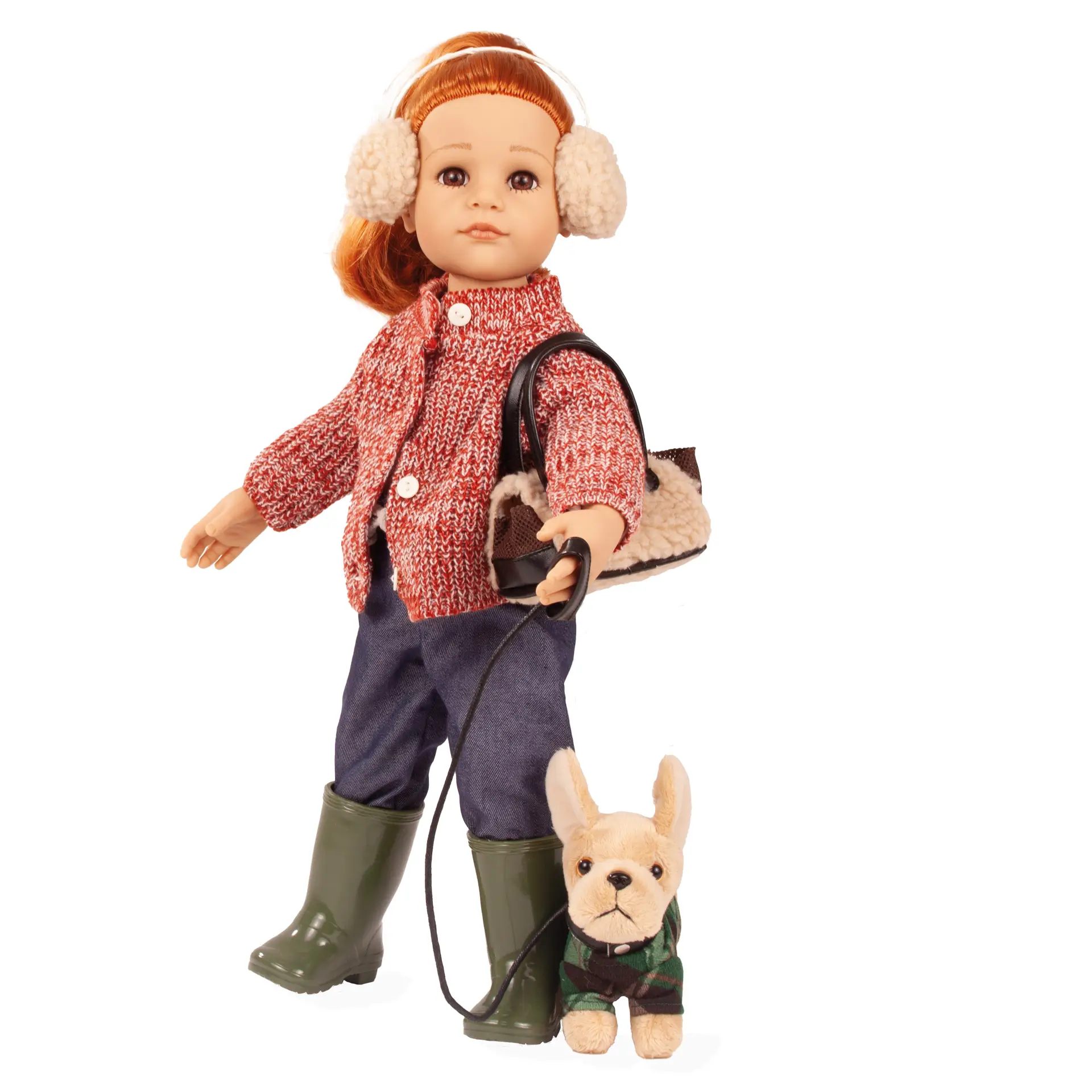2559011-hannah-and-her-dog-multigelenkstehpuppe-goetz Rothaarige Stehpuppe 45-50 cm mit braunen Augen. Hat einen Plueschhund dabei, trägt Ohrenwaermer, mellierte Strickjacke, Jeans, Shirt, Tasche, Gummistiefel und Hundecape von Goetz