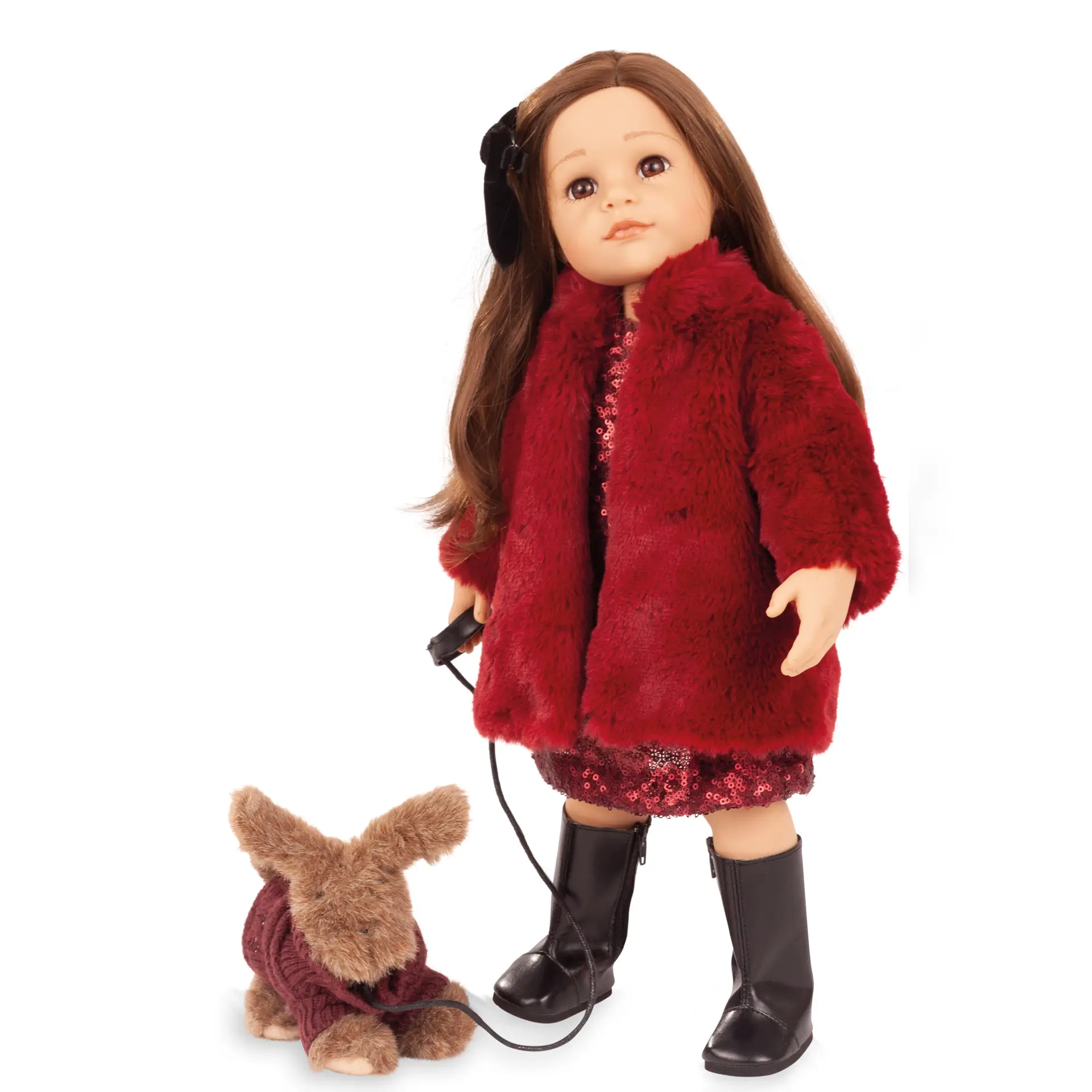 2559014-hannah-and-her-dog-polly-jubilee-multigelenkstehpuppe-goetz Stehpuppe Gr. 45-50 cm mit Plueschhund. Hannah and her dog Polly eine Multigelenkstehpuppe, edel gekleidet in einem Paillettenkleid mit Plueschmantel. Sie hat langes braunes Haar und braune Augen von Goetz