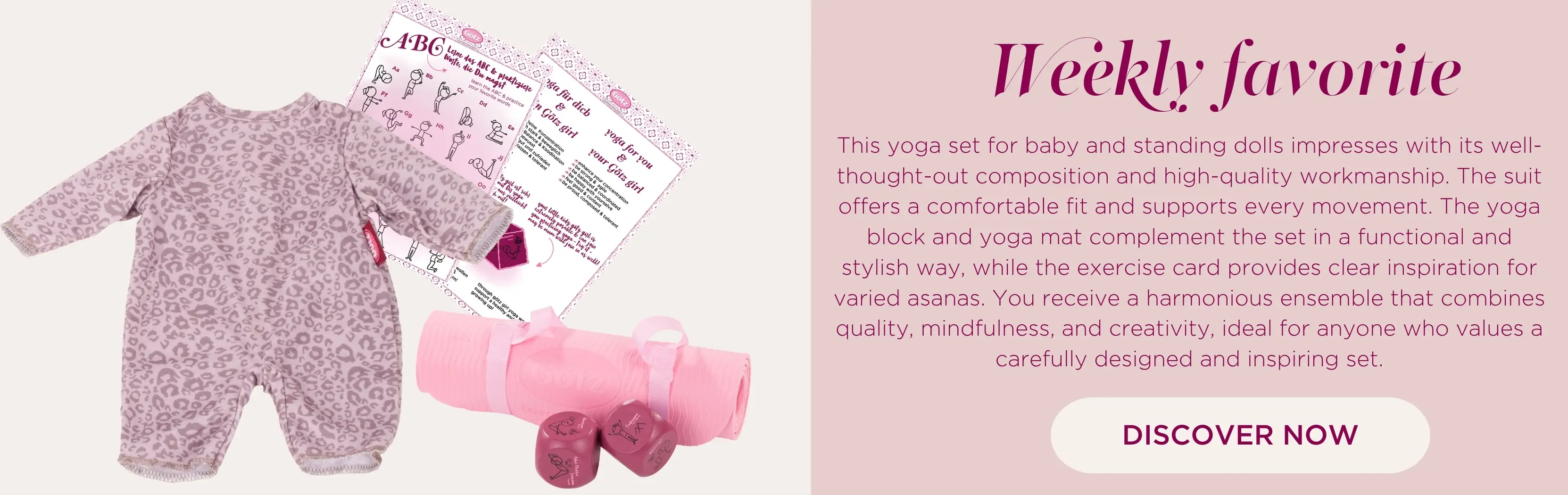 Yoga Set Graue Katze fuer Babypuppen Gr. 30-33 cm und Stehpuppen 36 cm. Besteht aus einem rosa-grau getigertem Anzug mit Yoga-Uebungswuerfel und Yoga-Uebungsfibel, noch dazu eine Yogamatte von Goetz