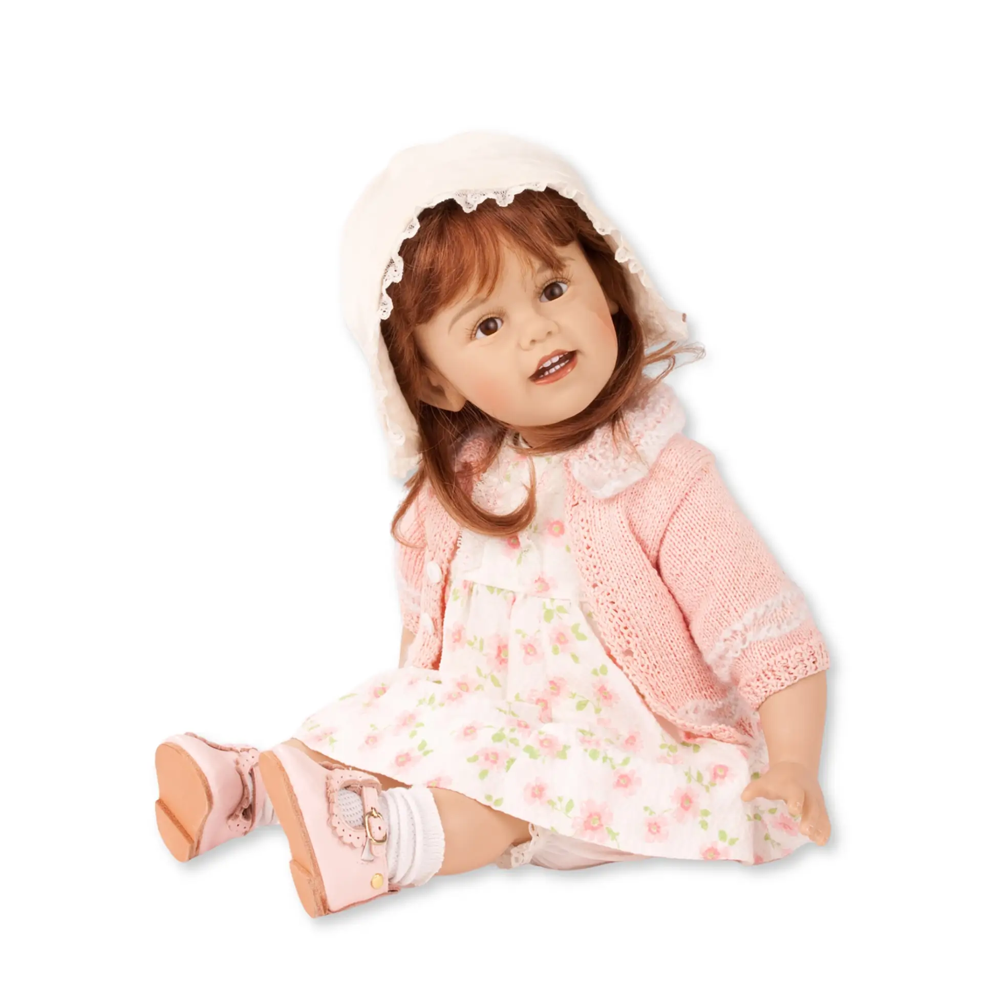 2021648-hedda-by-sissel-skille-kuenstlerpuppe-goetz hedda-by-sissel-skille-kuenstlerpuppe-goetz-echthaar-glasaugen-braune-augen-limitiert-lederschuhe-kleid-hut-strickjacke