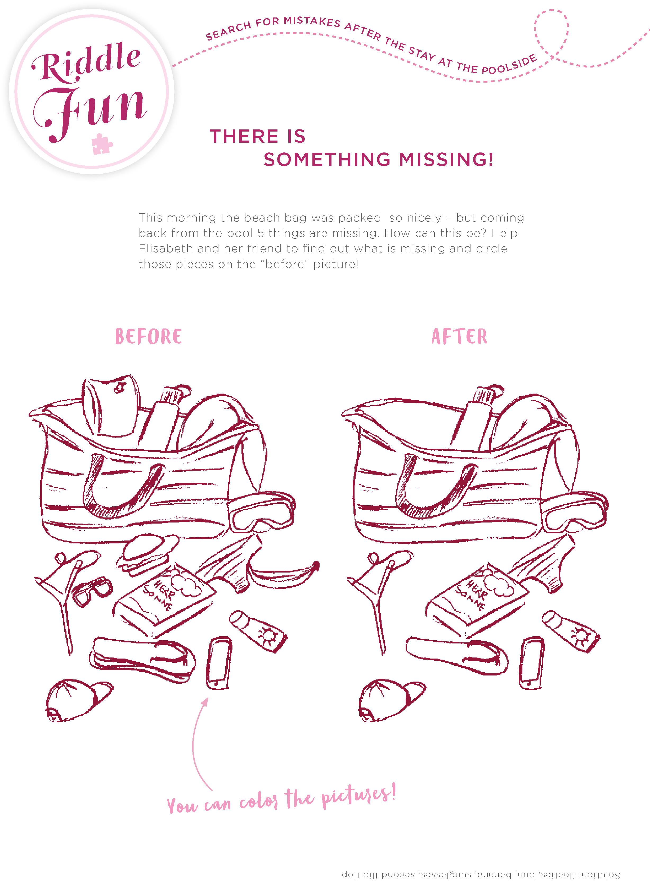 Riddlefun find the mistake beach bag A puzzle sheet featuring two beach bags and various items, with a search game where missing items are to be found