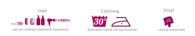 Care instructions for Goetz baby doll Cookie Care: clothing washable and vinyl surface wipeable