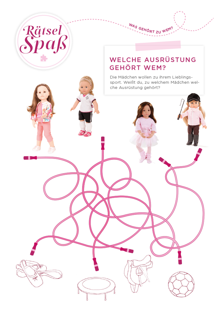 Raetselblatt mit drei Stehpuppen und verschiedenen Sportgeraeten zum Zuordnen
