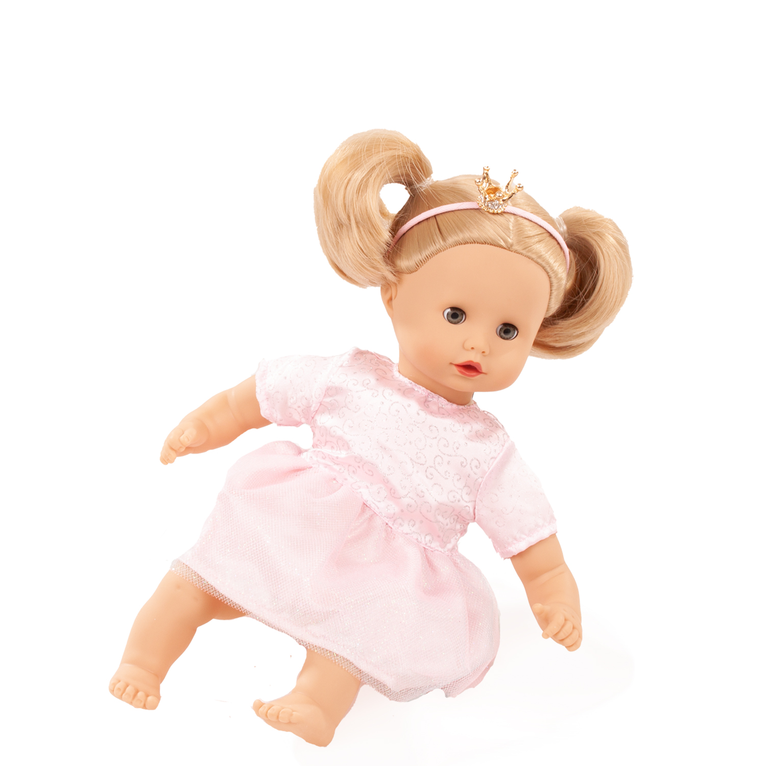 3403233 Set Glitterness Puppenmode von Goetz 33 cm grosse Babypuppe mit blonden Haaren und Schlafaugen trägt ein Prinzessinnenkleid und einen Kronenhaarreif