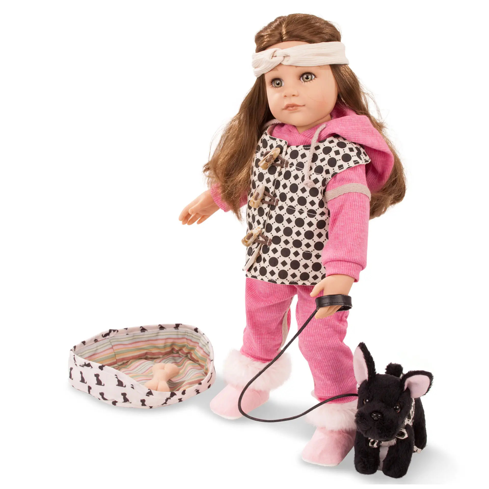 2259098-hannah-staycation-stehpuppe-goetz Hannah-stehpuppe-Jogginganzug-weste-stirnband-fellboots-hund-hundekorb-hundeleine