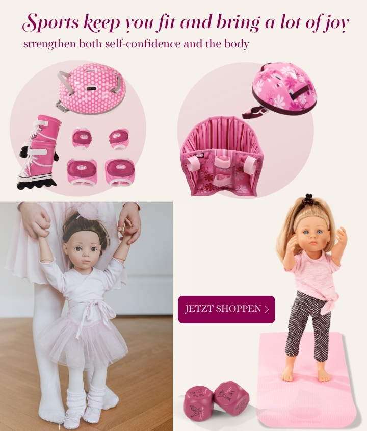 Sportoutfits und Outdoor-Zubehoer für Puppen. Inliner-Set, Ballettoutfit, Yoga-Stehpuppe mit Zubehoer und Rad- und Reithem mit Fahrradsitz von Goetz