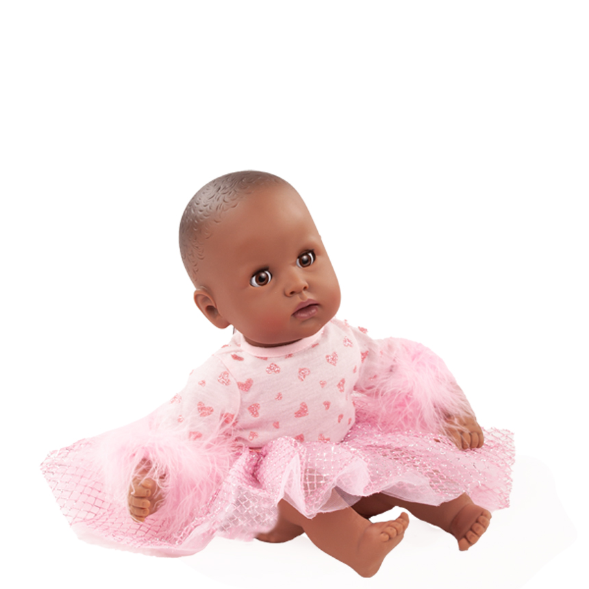 33 cm grosse Babypuppe mit braunen Schlafaugen im rosa Ballettanzug mit Herzchen-Print