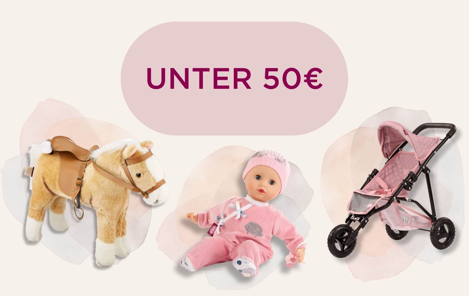 Geschenke unter 50 Euro Goetz Geschenkideen unter 50 Euro: braunes Plüschpferd, 30 cm große Babypuppe im rosa Outfit und rosa Puppenwagen
