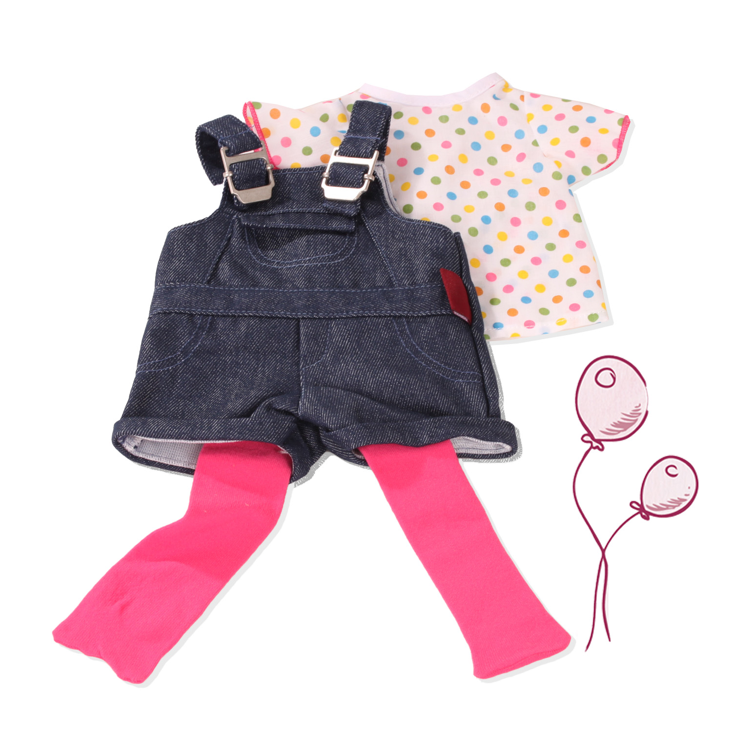 Puppenbekleidungsset fuer 50 cm grosse Stehpuppen mit Jeanslatzhose, pinker Strumpfhose und T-Shirt