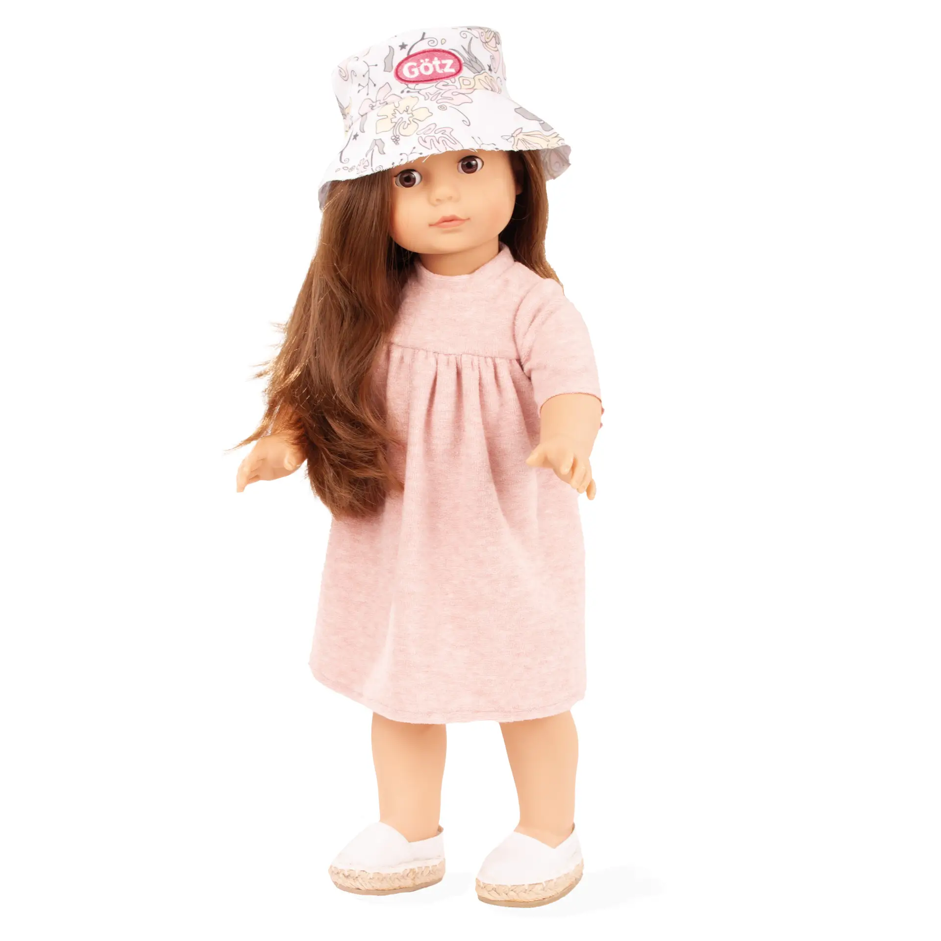 precious-day-girl-elisabeth-schmetterling-stehpuppe-goetz-frotteekleid-hut-sommerkleid-espandrilles-langhaarig-braunhaarig-schlafaugen-braune-augen