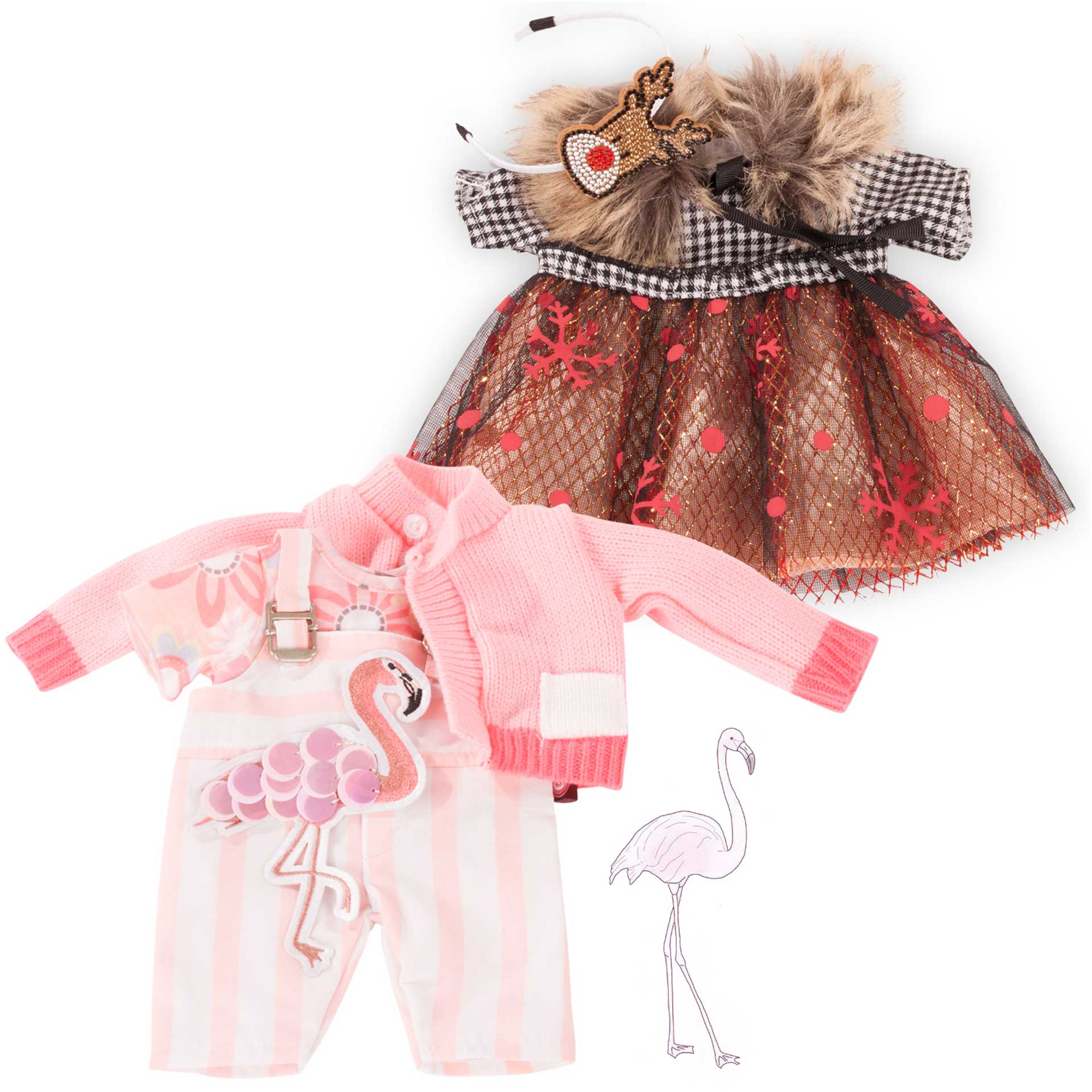 kombi-winter-flamingo-strickjacke-latzhose-t-shirt-kleid-mit-tuellrock-plueschkragen-haarreif-goetz