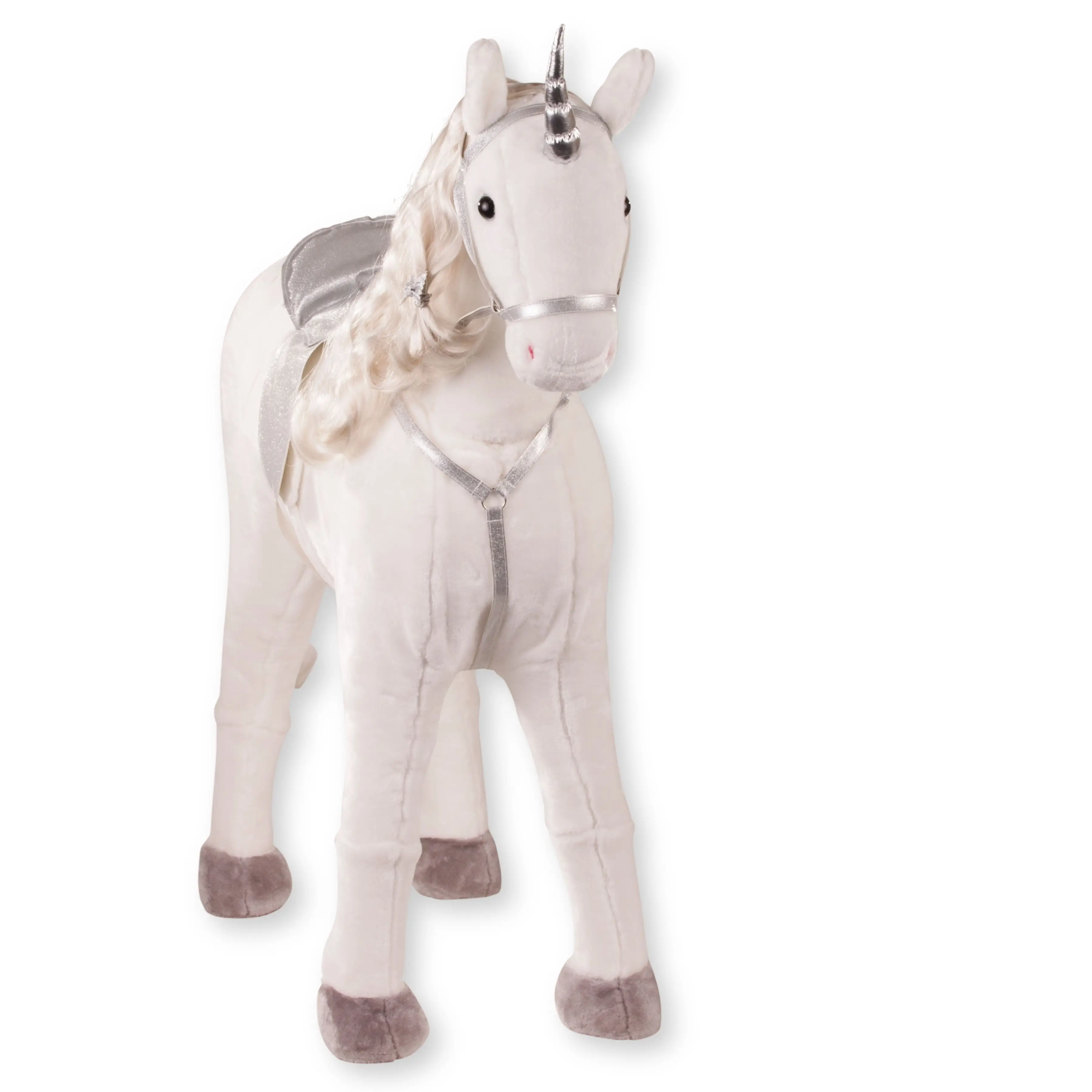 Frontansicht von einem Sitzpferd Einhorn mit einem Stockmass von 77 cm aus weissem Pluesch mit silber Einhorn, Sattel und Halfter von Goetz