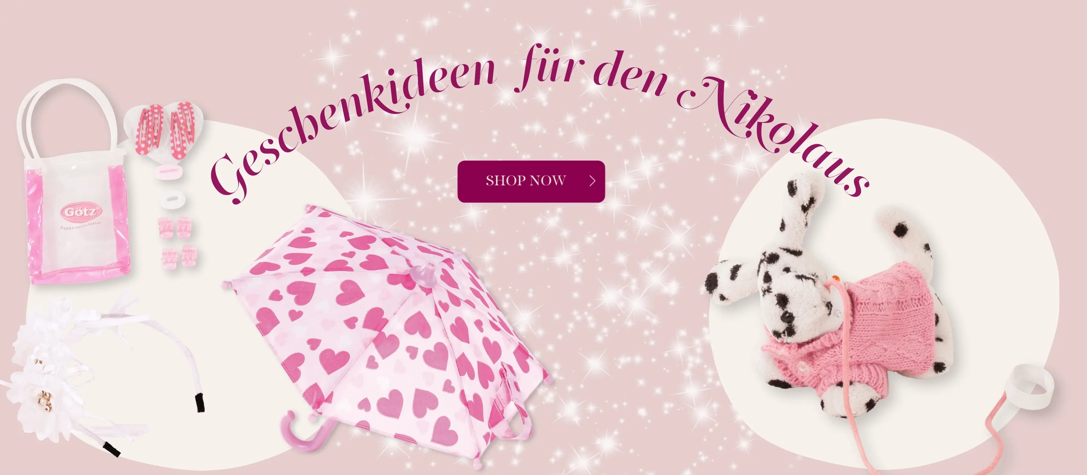 Kleine Geschenke für den Nikolaustag. Regenschirm, Plueschhund, Haarschmuck und vieles mehr von Goetz