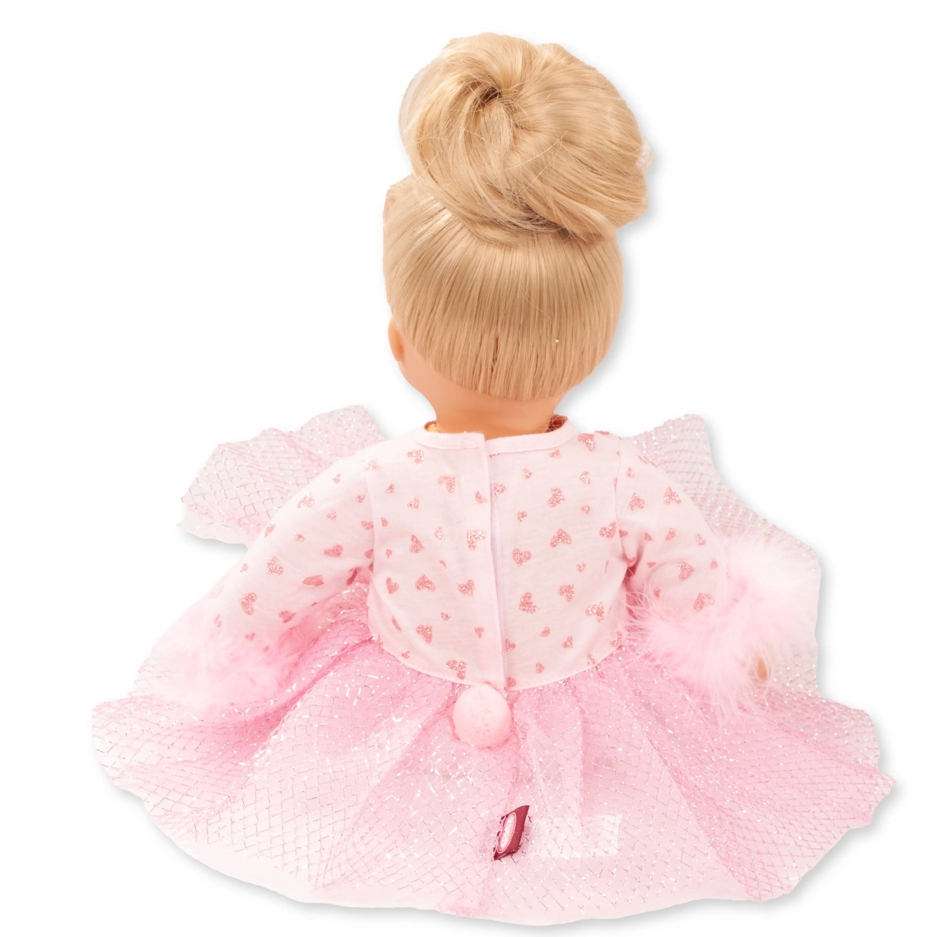 Rueckansicht von Ballettanzug fuer Gr. 42-46 cm und Babypuppe Gr. 36 cm in rosa mit Glitzerherzen und Tuetue von Goetz