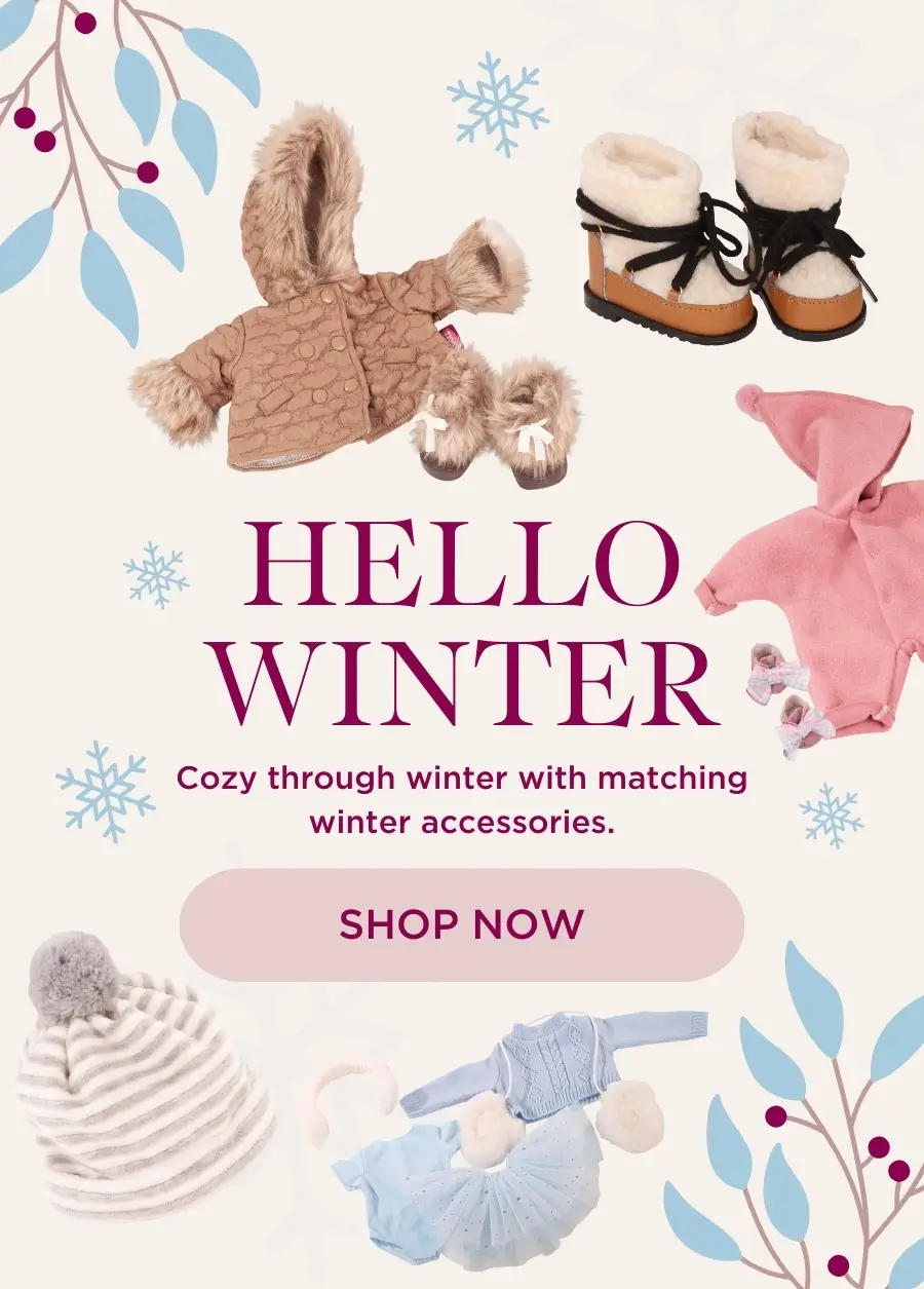 Cozy winter accessories for baby dolls and standing dolls with winter boots, hat, winter jacket, baby outfit and ice skating outfit