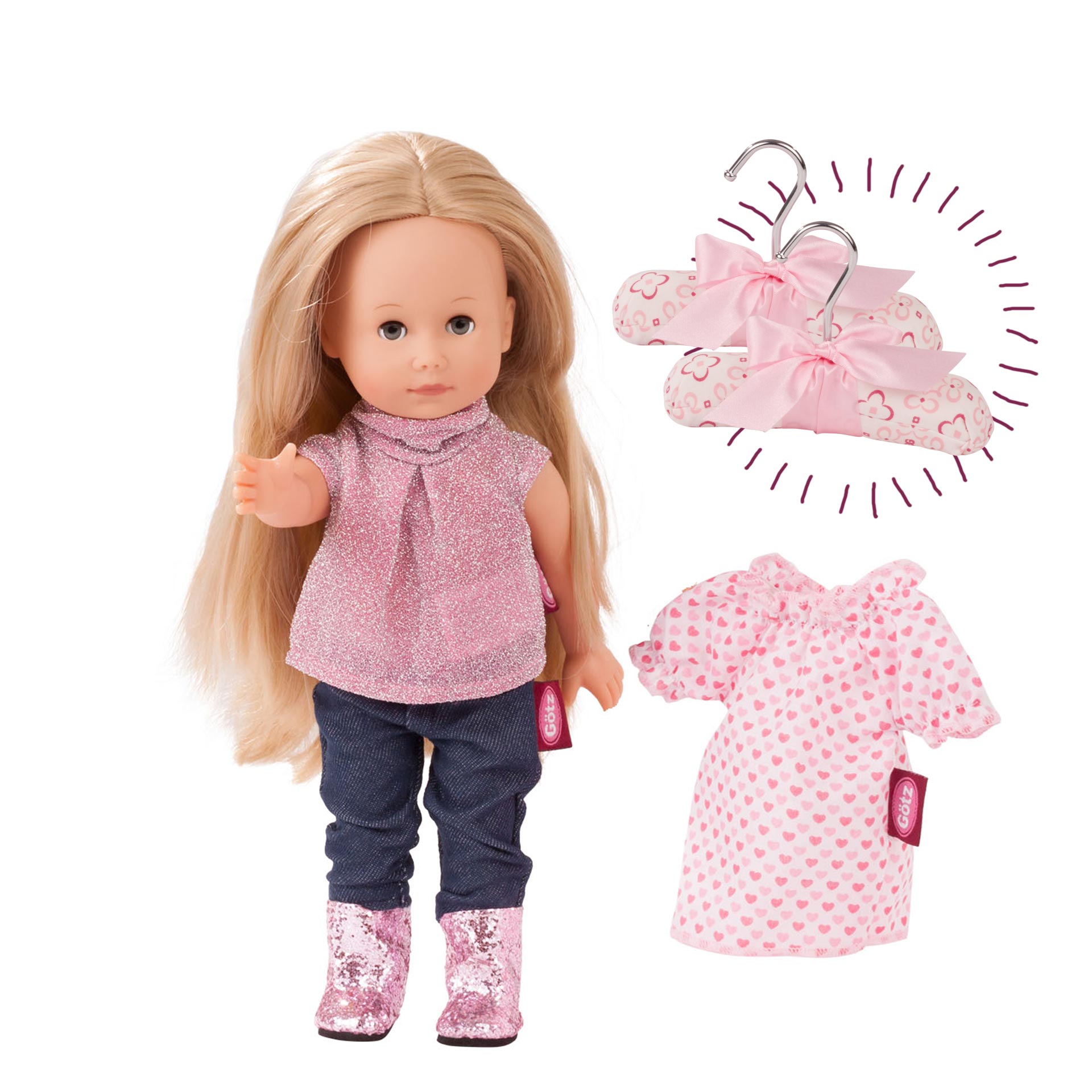 2313143-set-mia-partytime-just-like-me-stehpuppe-goetz set-mia-partytime-just-like-me-stehpuppe-goetz-kleid-kleiderbuegel-glitzerstiefel-glitzeroberteil-tunika-jeans-denim-langhaarig-schlafaugen-blong