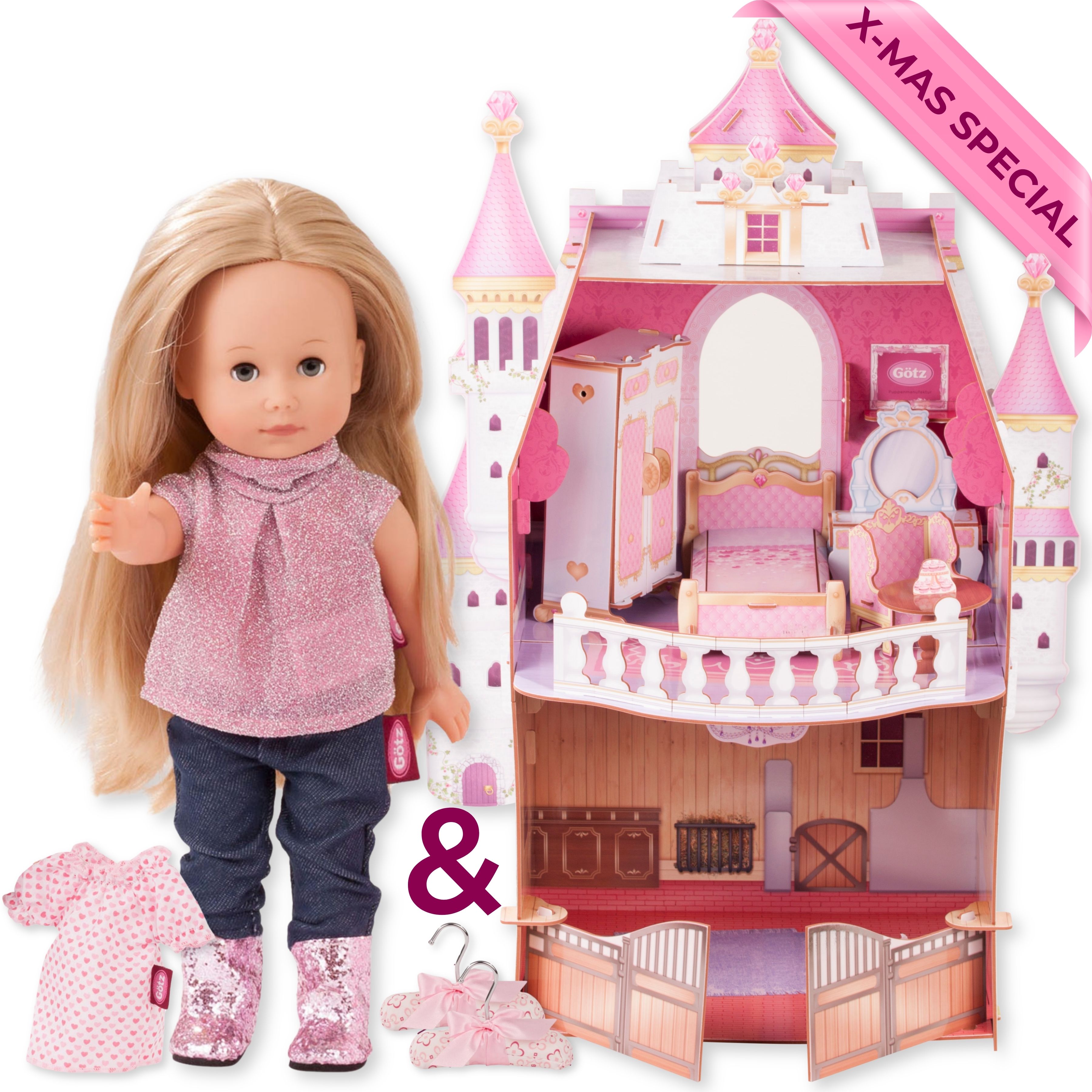 Geschenkset mit einer Stehpuppe 26 cm mit blonden langen Haaren und blauen Schlafaugen in einem rosa Glitzeroberteil mit Jeans und Glitzerstiefeln, dazu ein Kleid und zwei Kleiderbuegel und dazu ein Puppenschloss mit Puppenmoebel von Goetz