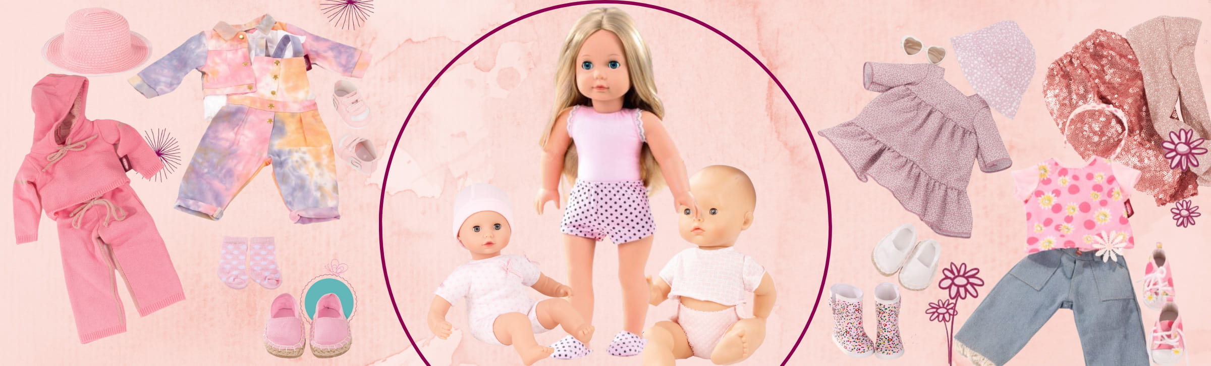 Puppen zum anziehen von Götz mit verscheidenen Outfits und Puppenzubehör sind kreisrund abgebildet 