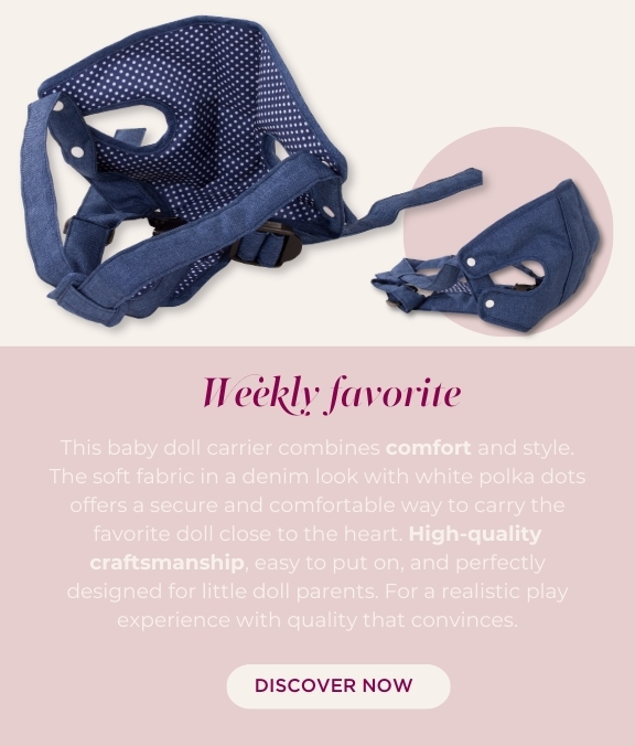 Babytrage Denim und Spots fuer Babypuppen der Gr. von 30 - 50 cm. Blau-weiss getupft.