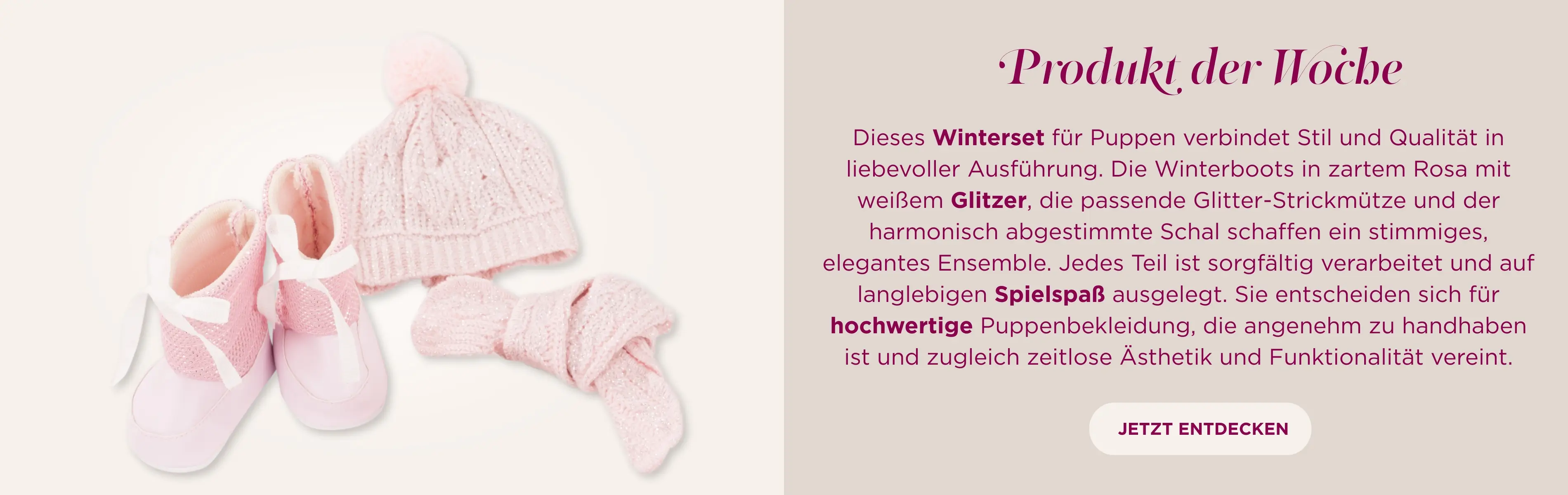 Set für Stehpuppe Gr. 45-50 cm und Babypuppe Gr. 42-46 cm. Winterboots mit Strickmuetze und Strickschal in rosa-weißem Glitzer von Goetz