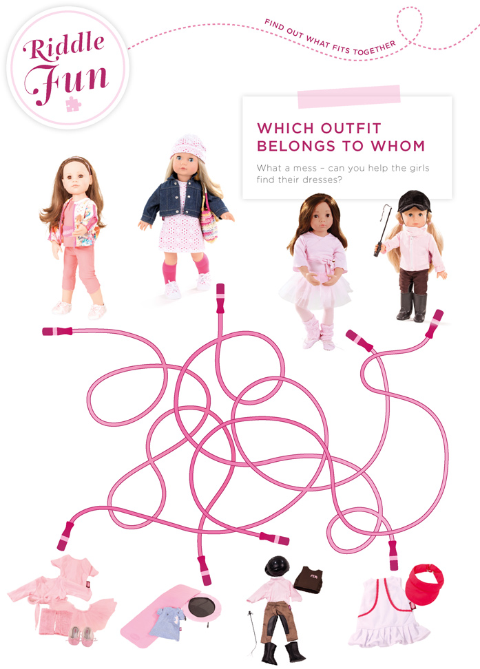 Was gehoert zu wem Goetz Riddle sheet with four standing dolls and different sports outfits—ballet, yoga, riding, and tennis to match