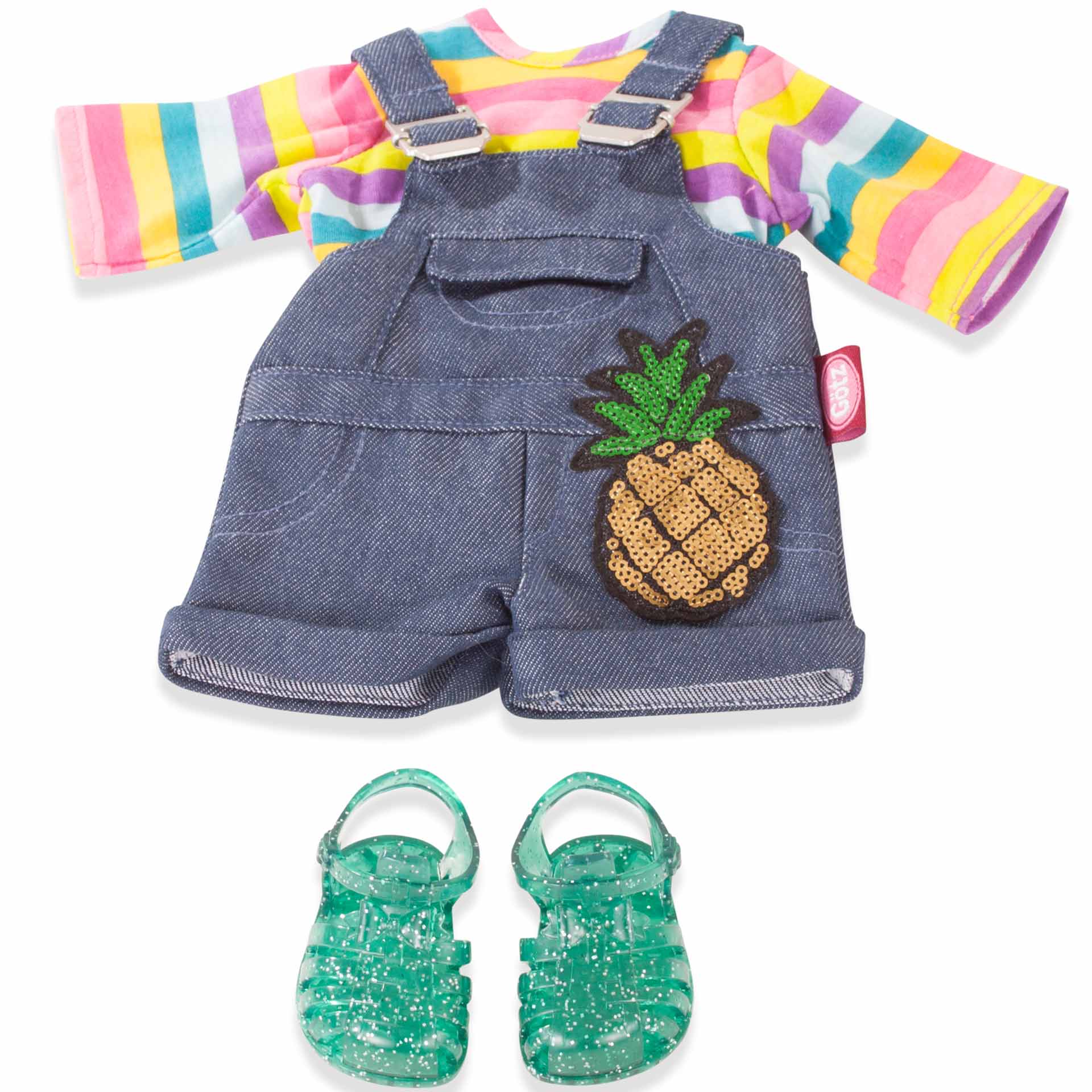 3402930-kombi-tropical-bekleidung-goetz latzhose-denim-anzug-sommerkleidung-badeschuhe-pailletten-ringelshirt-langarmshirt-set-babypuppenkleidung-goetz