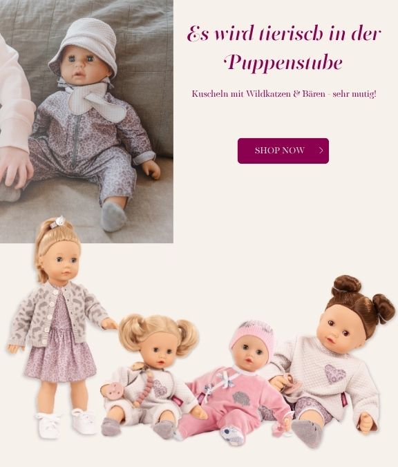 Steh- und Babypuppen mit tierischen Motiven von Goetz