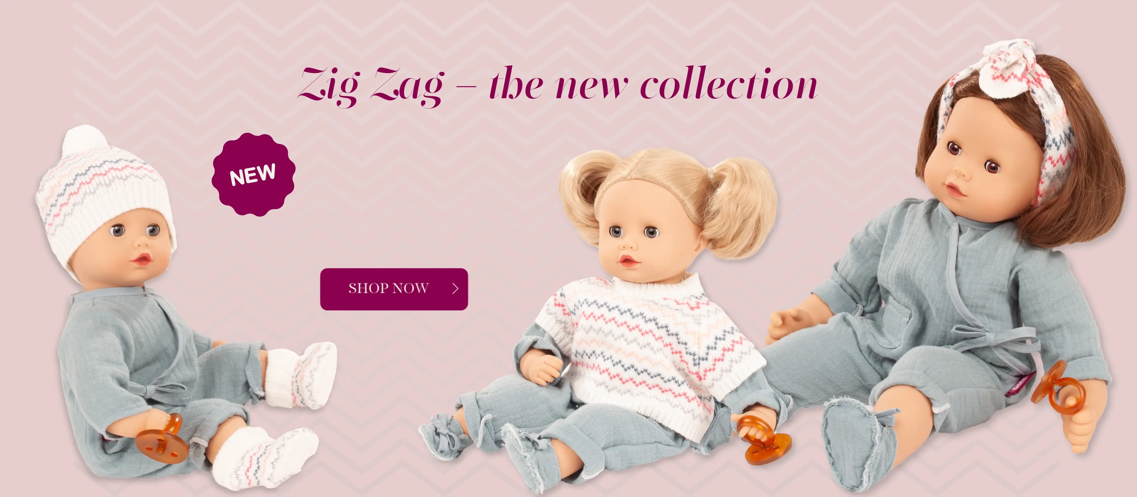 Babypuppen Gr. 30-33 cm und 42 cm in hellblauen Anzügen mit Stick-Accessoires im Zick Zack-Design von Goetz