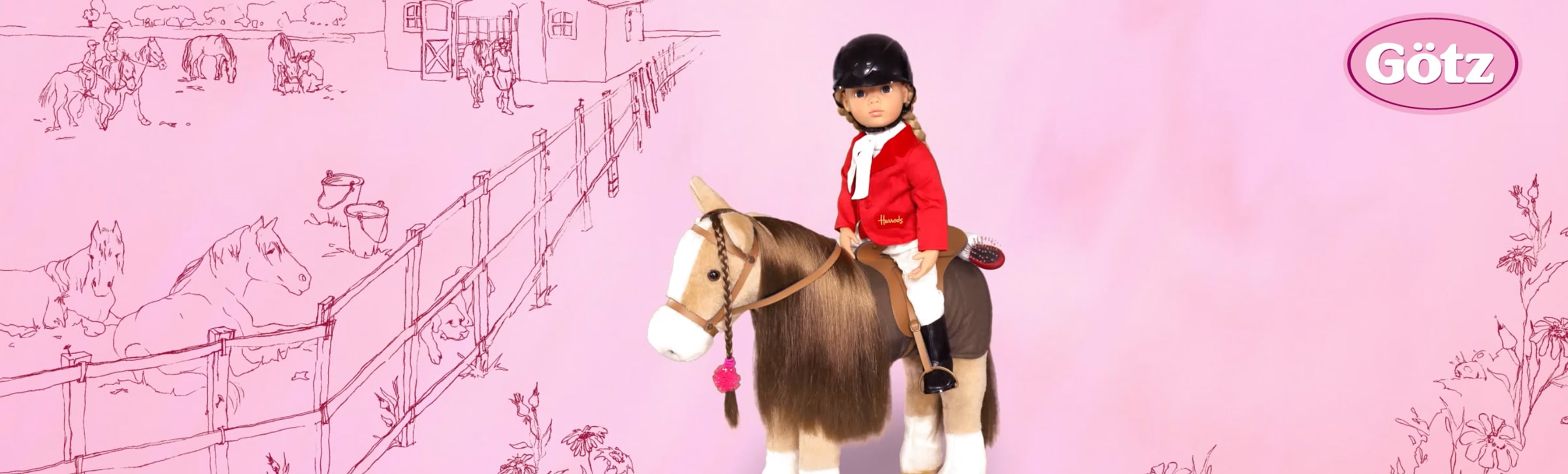 HarrodsXGoetz Reiterstehpuppe sitzt auf einem Plueschpferd mit langer Maehne auf einer Weide