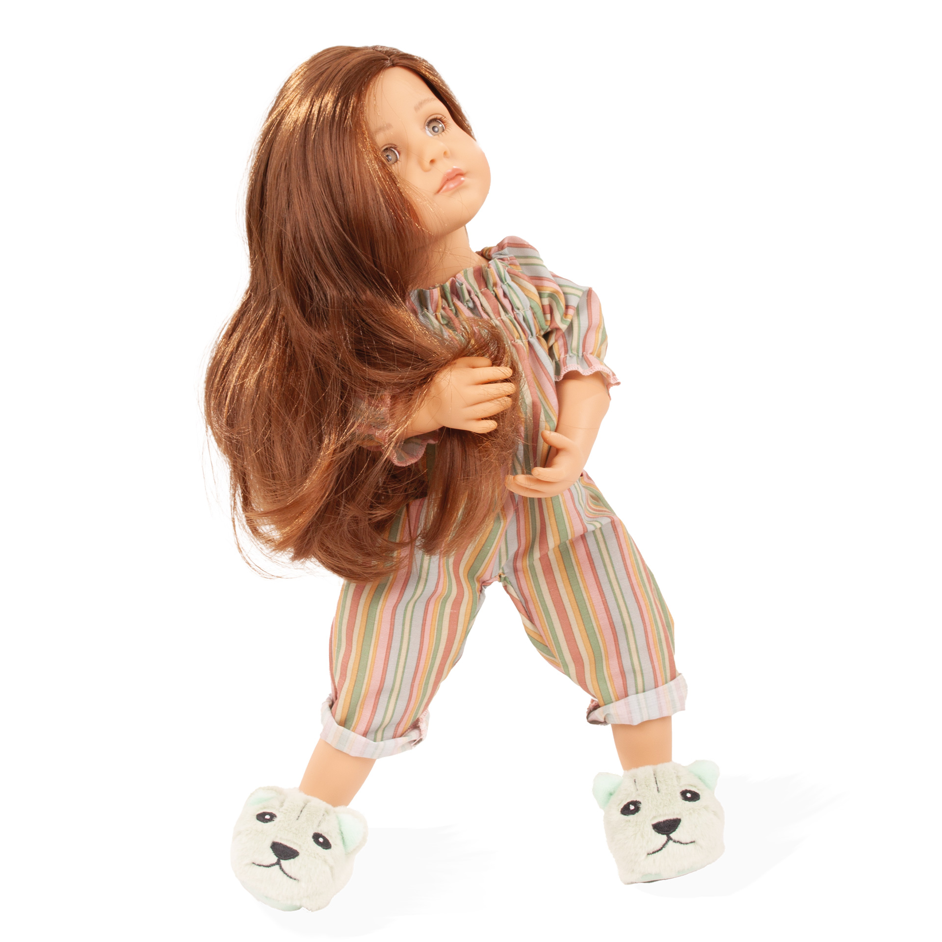 2511547 Little Kidz Slumberparty Multigelenkstehpuppe Geschenkset Goetz Stehpuppe Gr. 36 cm mit gestreiftem Overall Hausschuhen für Puppe und Kind im edlen Geschenkkarton Geschenkset