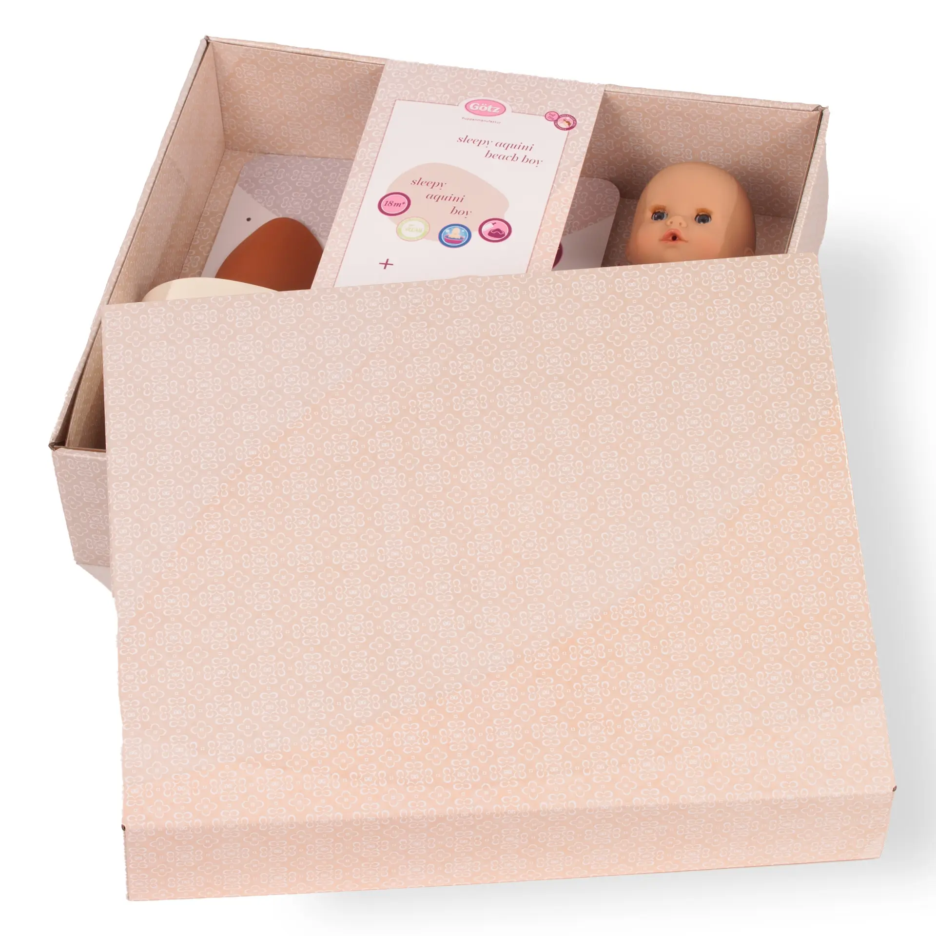 Badepuppe mit Schlafaugen ohne Haare Gr. 30 cm mit Strandspielzeug, Schaufel, vier Foermchen und einem Eimer Set in edler Geschenkbox