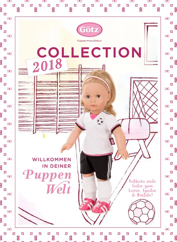 Cover des Goetz Collection 2018 Katalogs mit einer 50 cm grossen blonden Fussball Stehpuppe und Zeichnung