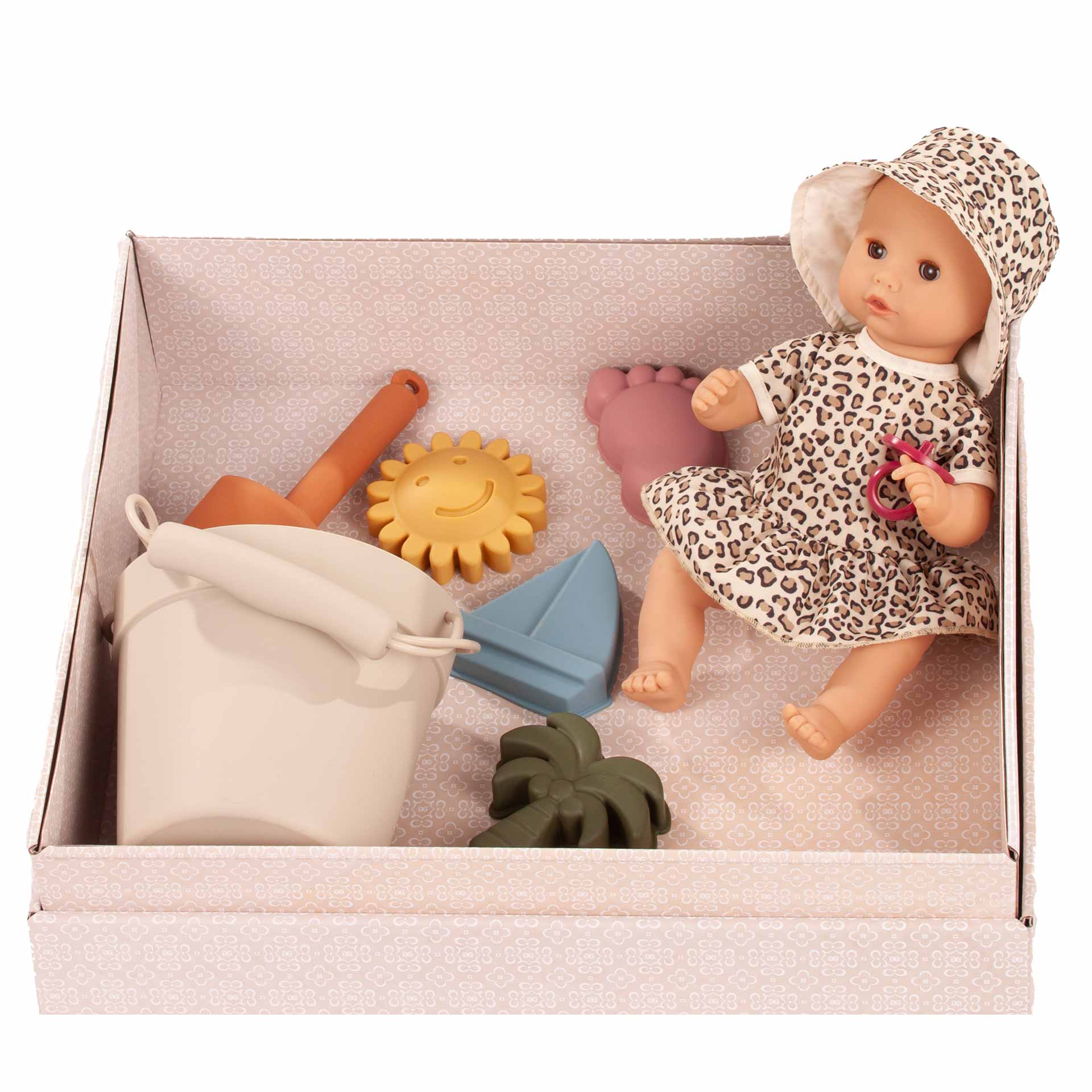 Badepuppe mit Schlafaugen Gr. 30 cm in getigerter Sommerkleidung mit Strandspielzeug: Schaufel, vier Foermchen und einem Eimer in edler Geschenkbox