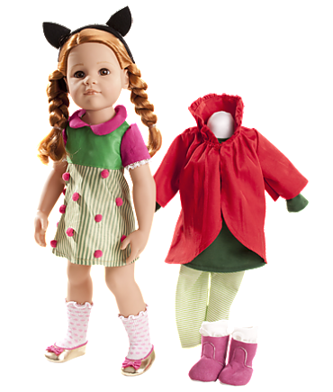 Siegerlook Nummer 2 50 cm große Stehpuppe mit roten Haaren und Outfit bestehend aus Kleid Haarreif Cape und Schuhen