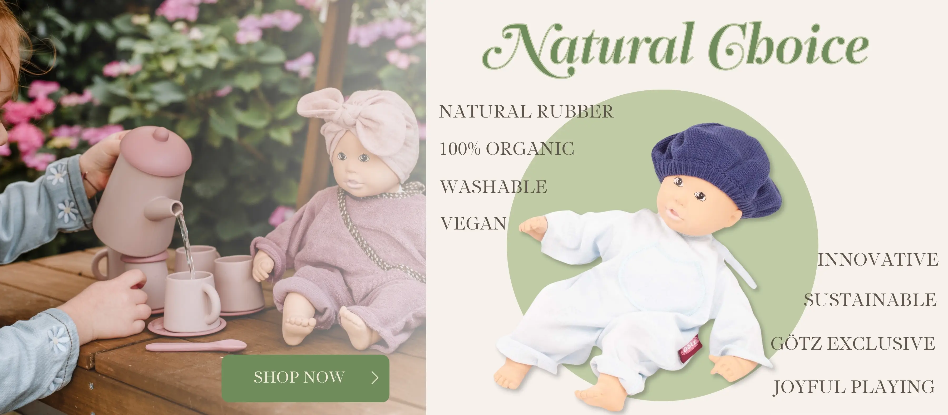 Kautschuk Babypuppe mit gemalten Augen. in Anzug mit Strickmuetze  Oekologisch, vegan und nachhaltig von Goetz