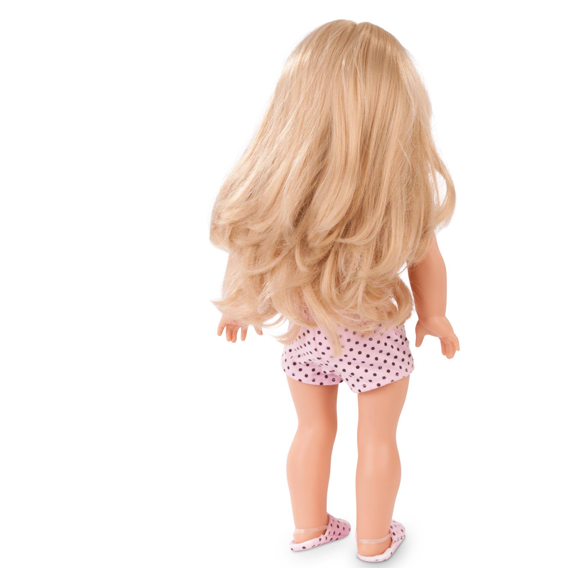 1490365-girl-to-dress-precious-day-stehpuppe-goetz-rueck Rueckansicht der Stehpuppe Jessica Gr. 45-50 cm mit blondem langen Haar. Es ist eine to-dress-Puppe, sie kommt mit schicker Unterhose und Hausschuhen