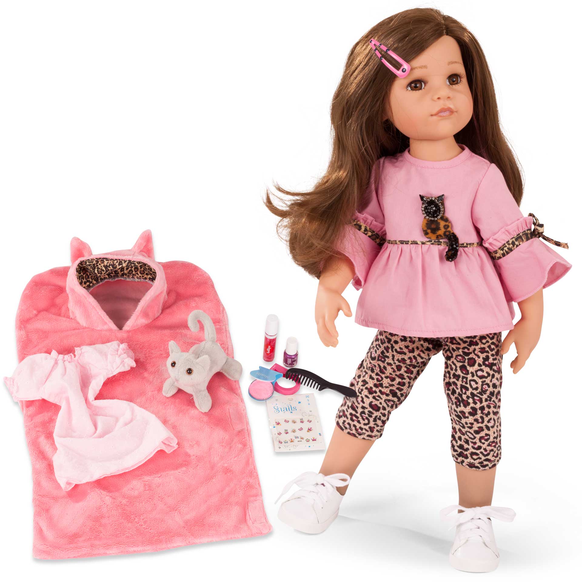 2059094-hannah-at-her-friend-stehpuppe-zubehoer-goetz hannah-at-her-friend-stehpuppe-set-schlafsack-pluesch-katze-nachthemd-schminke-kamm-tattoos-leoprint-applikation-haarspange-sneakers-goetz