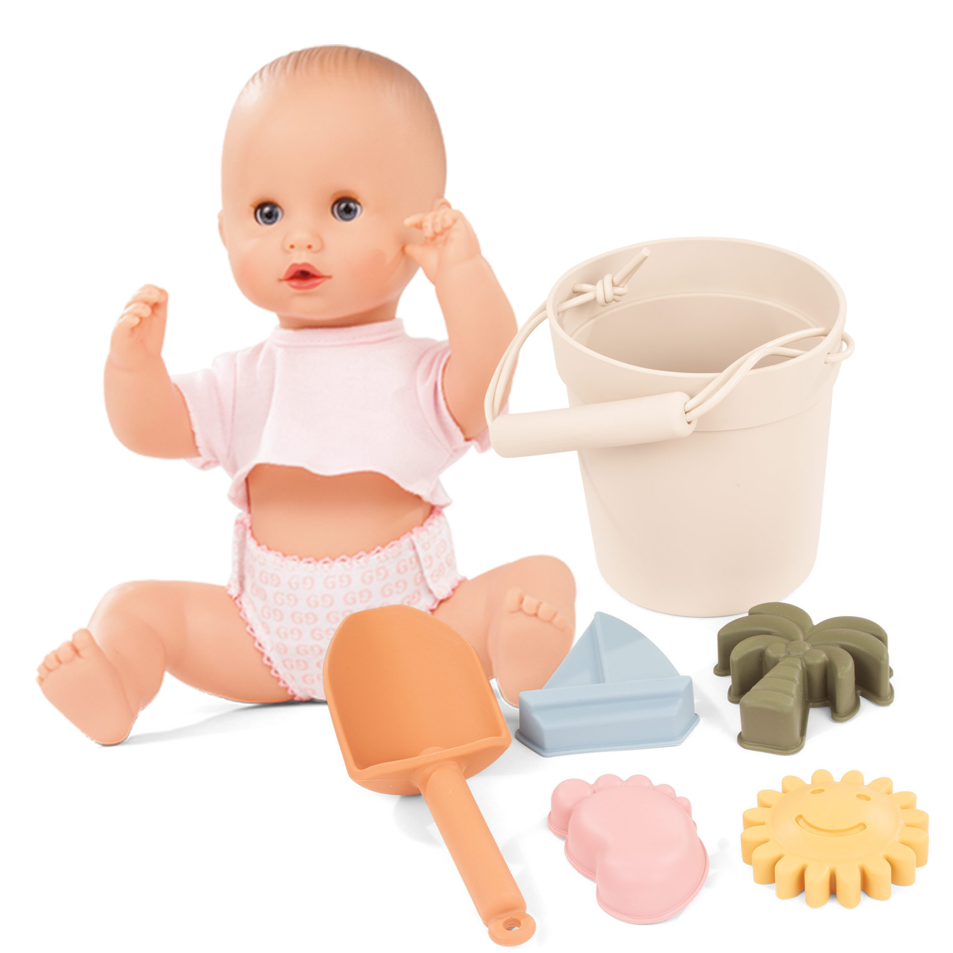 Badepuppe Girl mit Schlafaugen Gr. 30 cm in Geschenkbox und Strandspielzeug Schaufel Eimer und vier Foermchen 