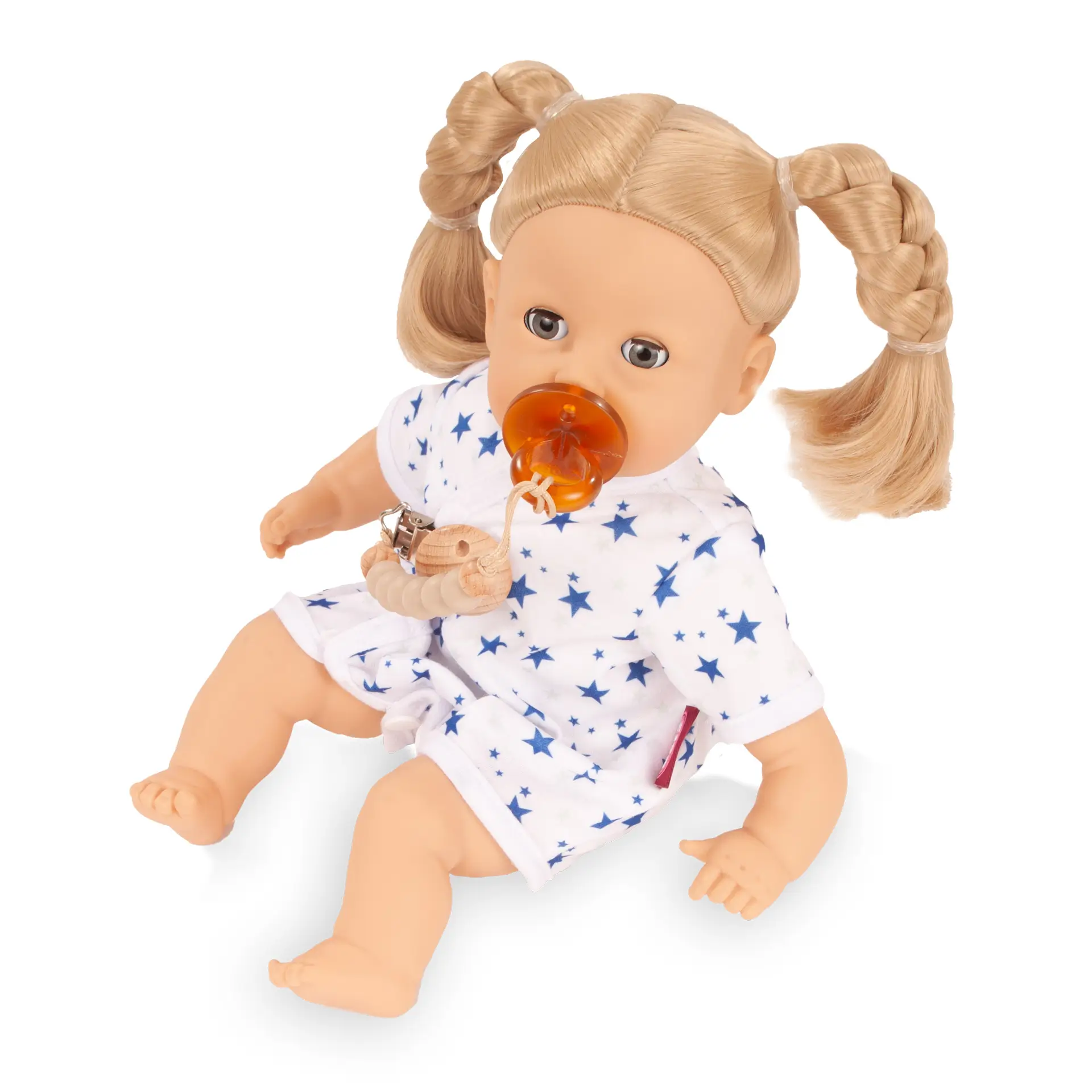 Set Body Gr. 30-33 cm mit Sternmotiv in blau-weiß und ein Schnuller mit Schnullerkette, angezogen. Von Goetz