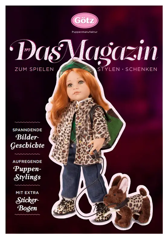 Cover des Goetz Puppen Magazins Nr 6 mit einer Stehpuppe 50 cm groß mit roten Haaren und einem Plueschhund