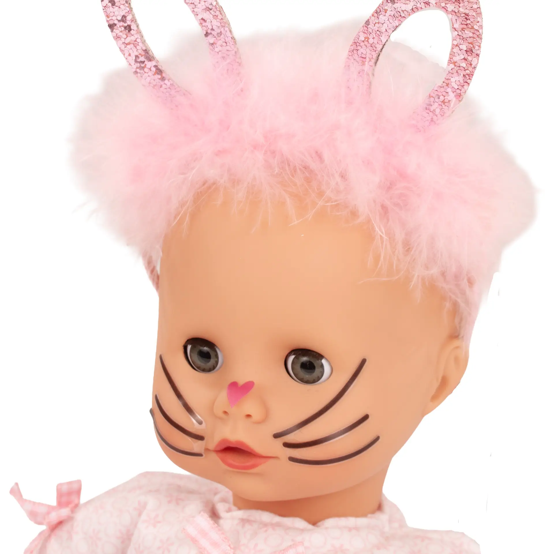 Gesicht von Babypuppe Gr. 33 cm mit Glitzer-Haarreifen und Nickelbrillen fuer Kind und Puppe von Goetz