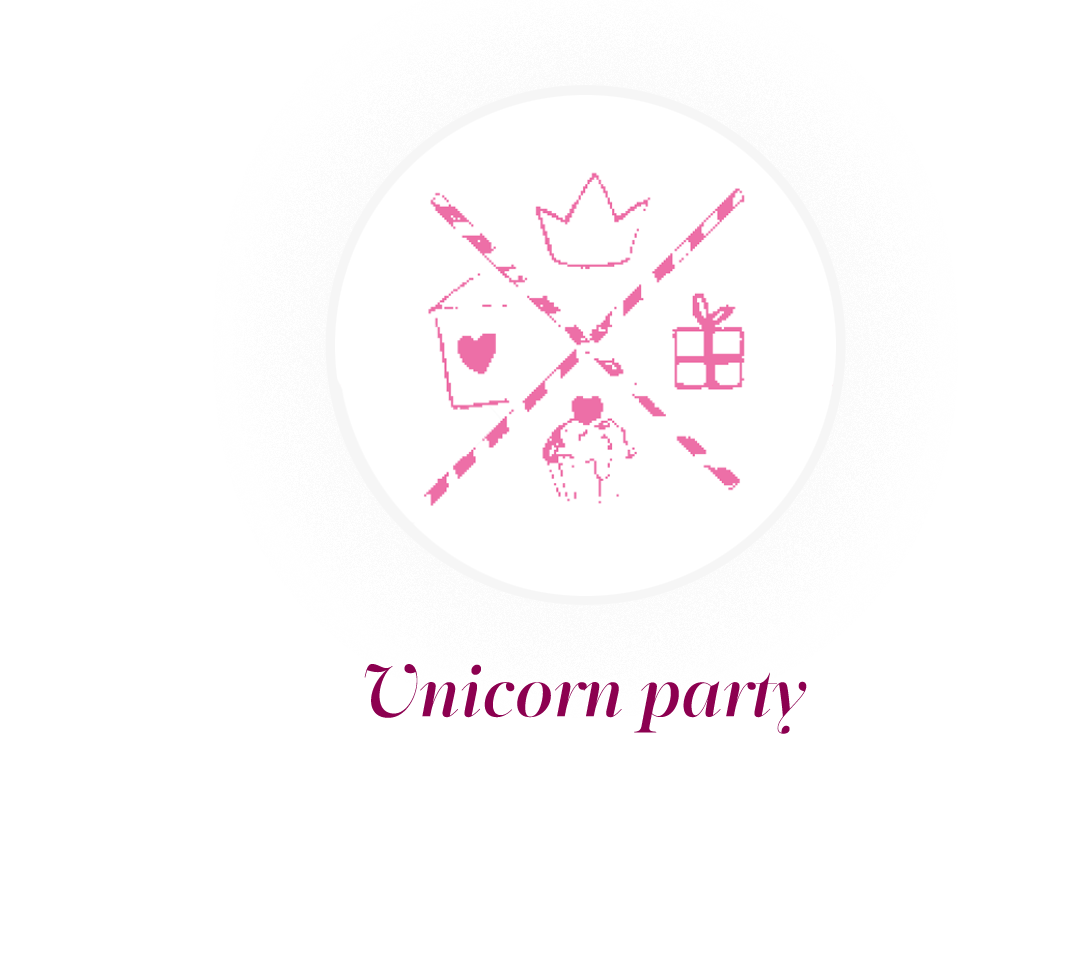 Logo with pink symbols of a crown a heart a gift and a horse along with the text unicorn party