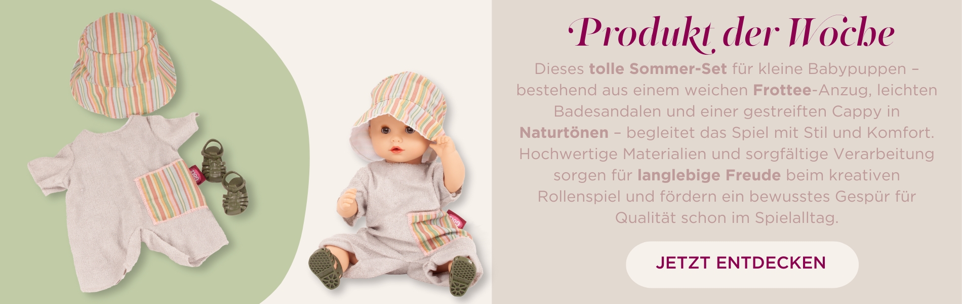 Bekleidungsset für Babypuppen Gr. 30-33 cm. Ein Sommeranzug aus lindgruenem Frottee mit gestreifter Cappy und dunkelgruenen Badesandalen