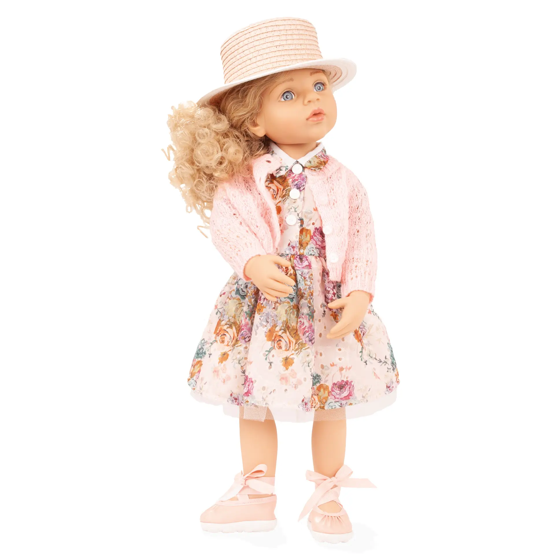 happy-kidz-greta-multigelenkstehpuppe-goetz-hut-strickjacke-sommerkleid-tuellrock-blaue-augen-locken-blond-langhaarig-sommerschuhe-ballerinas