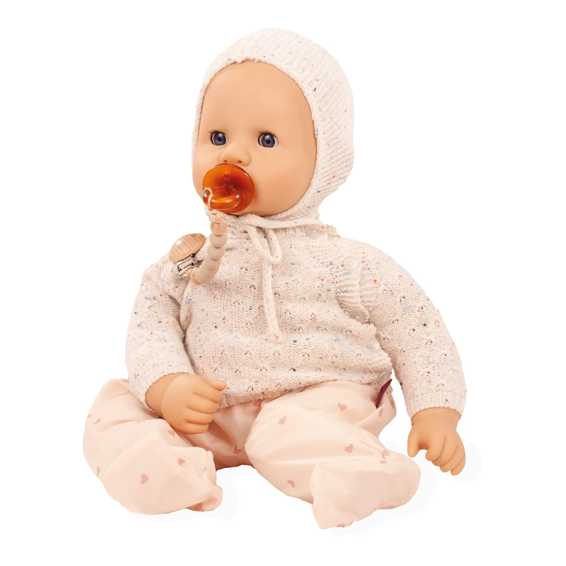 cookie-alles-strick-babypuppe-goetz-strickmuetze-strickpullover-anzug-schnuller-schnullerkette-schlafaugen-windel-ohne-haare-blaue-augen